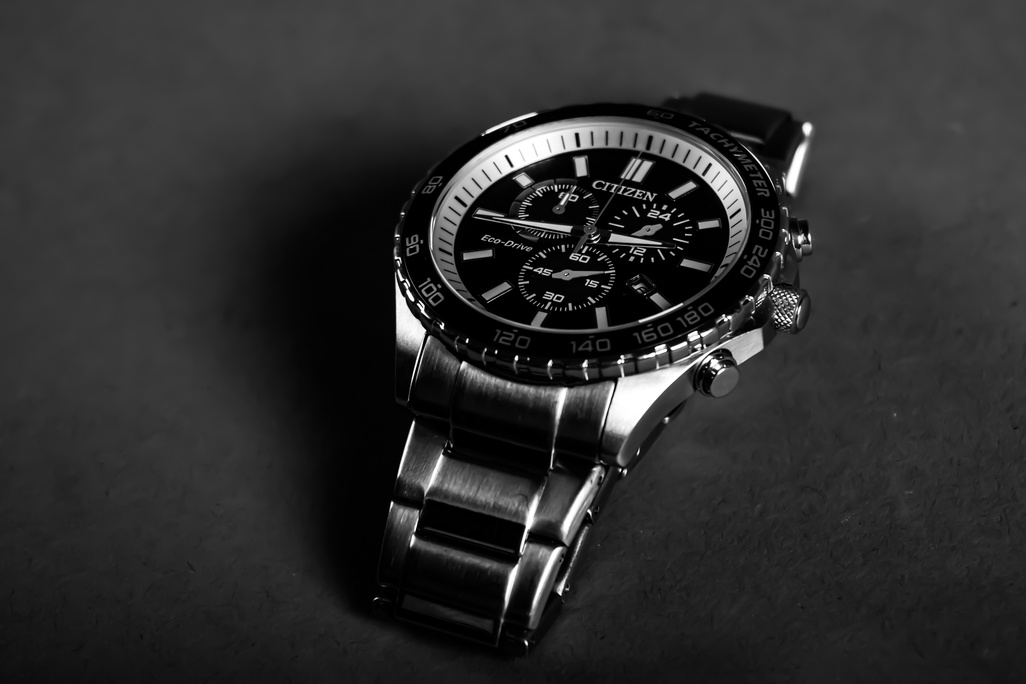 Grayscale Photo of a Citizen Brand Wristwatch